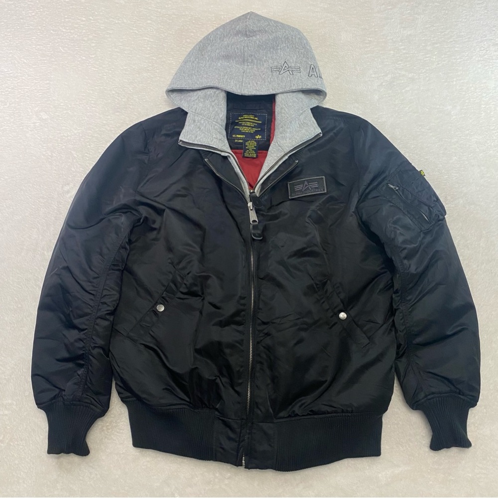 Alpha Industries MA-1 Flight Bomber Jacket Mens XXL Black D-Tec Hooded Spellout
